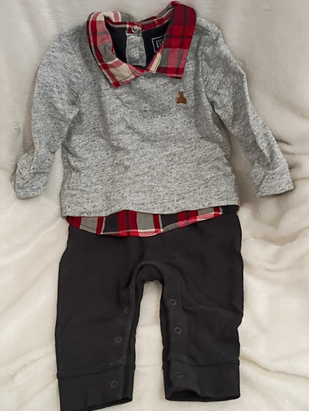 GAP Gray Knit Bodysuit with Red Plaid Collar